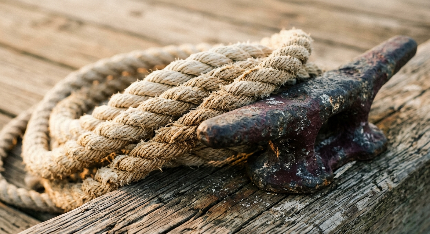 Coiled fishing rope on a weathered dock cleat