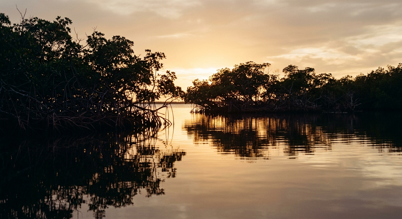 Tampa Bay mangrove shoreline silhouette at dusk